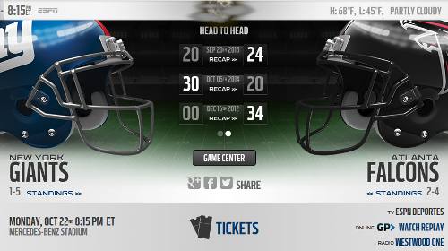 Atlanta Falcons vs New York Giants EN VIVO Hora, Canal, Dónde ver Semana 7 NFL 2018